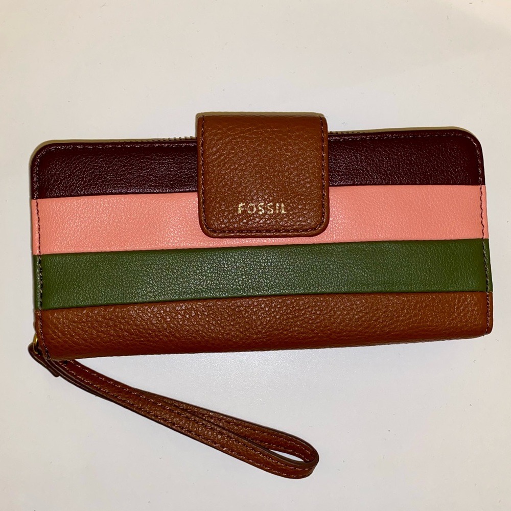 New Fossil Madison Zip Clutch Brown Leather Wallet